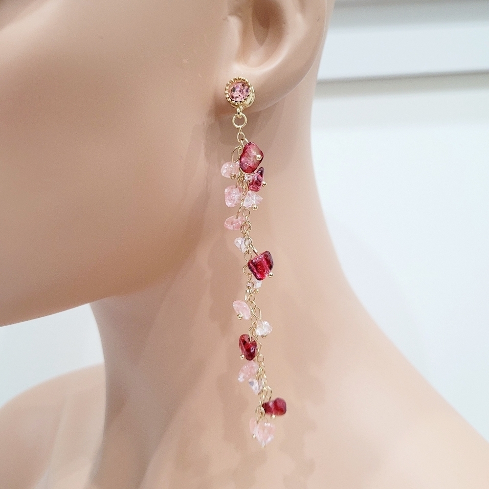 Brand New Gold Tone Pink & Red Stone Dangle Earrings